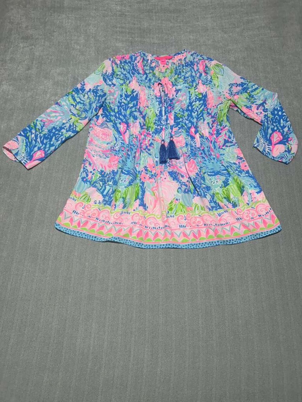 Lilly Pulitzer XS Tropical Floral Tassel Tunic Blouse Blue Pink - Picture 2 of 10